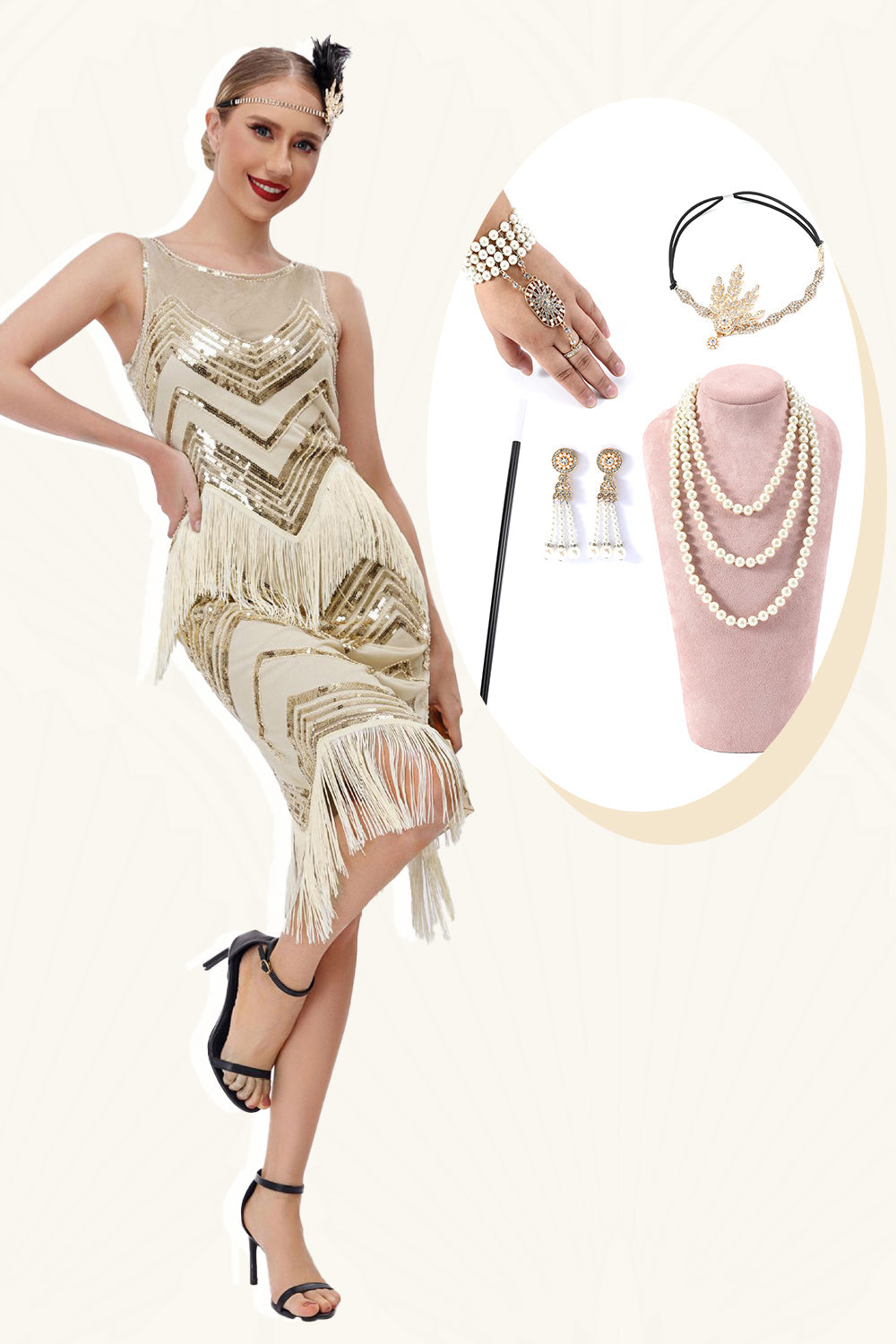 Champagne Glitter Fringes Gatsby Dress with Accessories Set