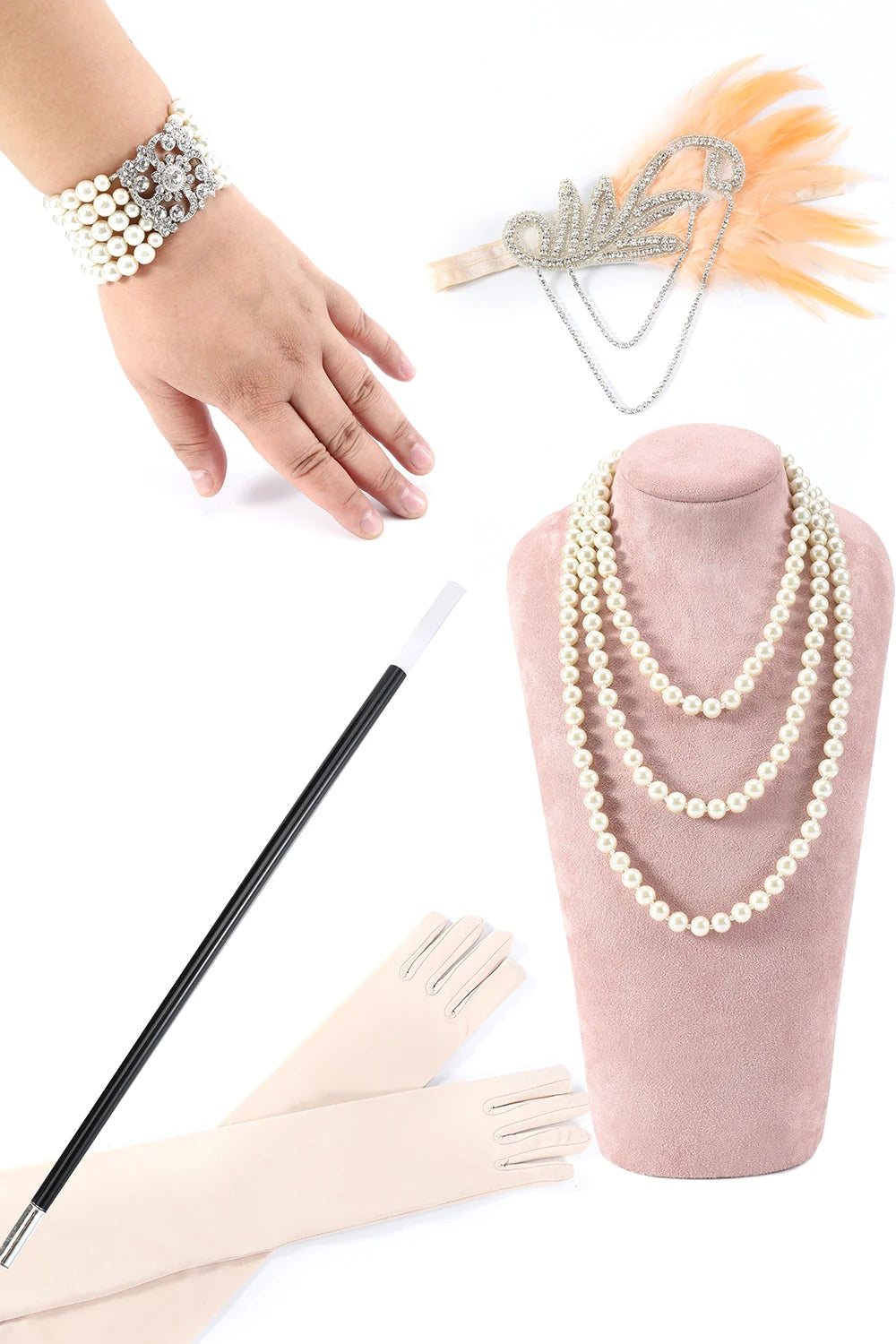 Champagne Cold Shoulder Fringes 1920s Gatsby Dress with 20s Accessories Set
