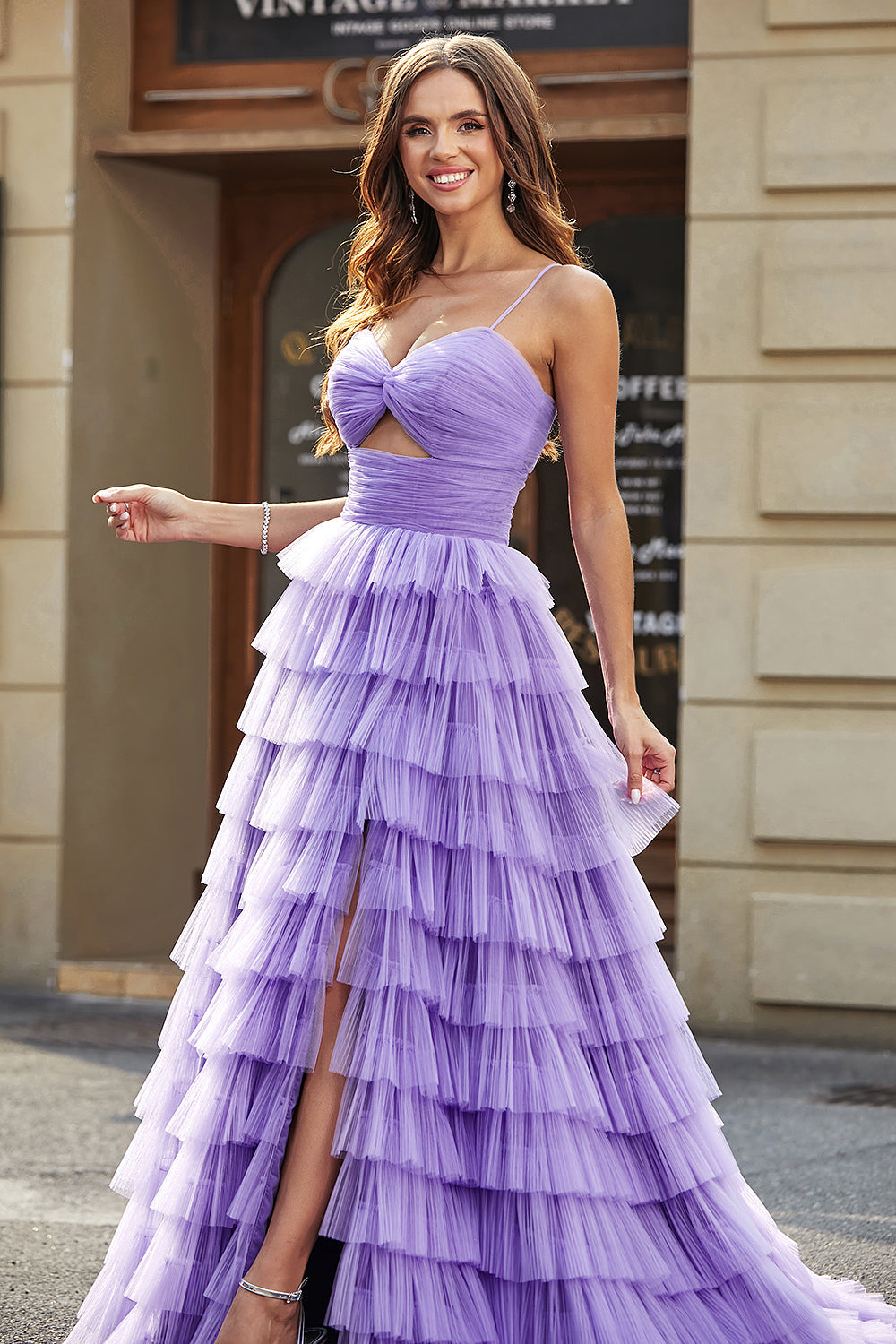 Purple Tulle A-Line Tiered Long Prom Dress With Accessories Set