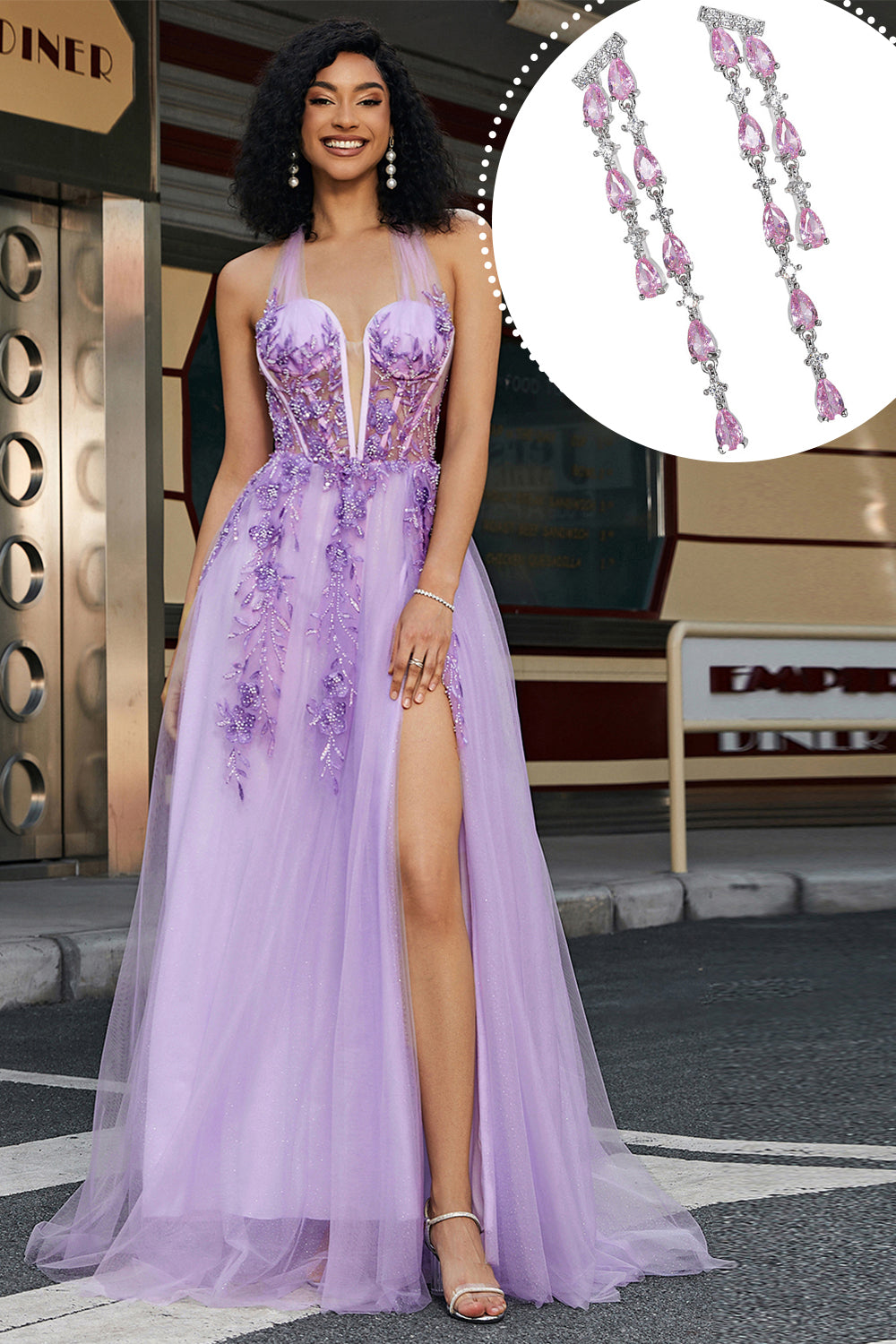 Gorgeous A Line Halter Neck Grey Purple Corset Applique Prom Dress With Accessories Set