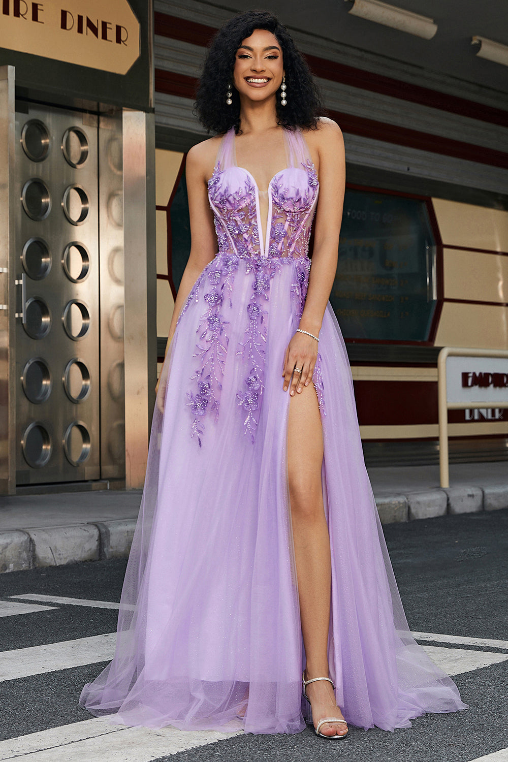 Gorgeous A Line Halter Neck Grey Purple Corset Applique Prom Dress With Accessories Set