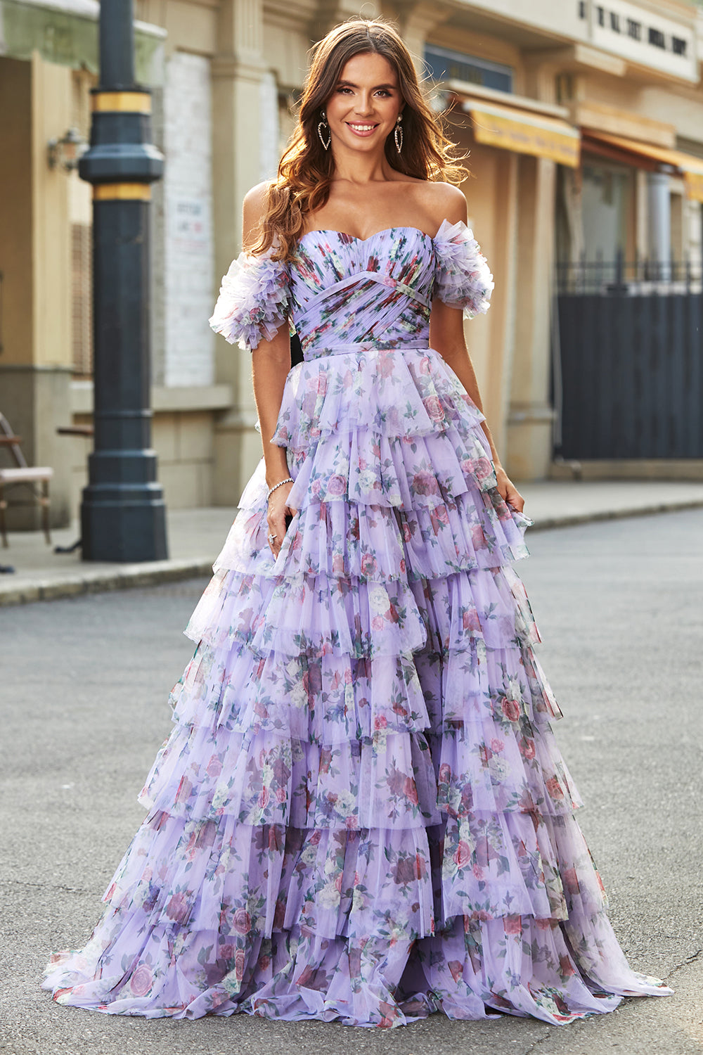 Removable Sleeves Purple Print Tiered Prom Dress with Accessory
