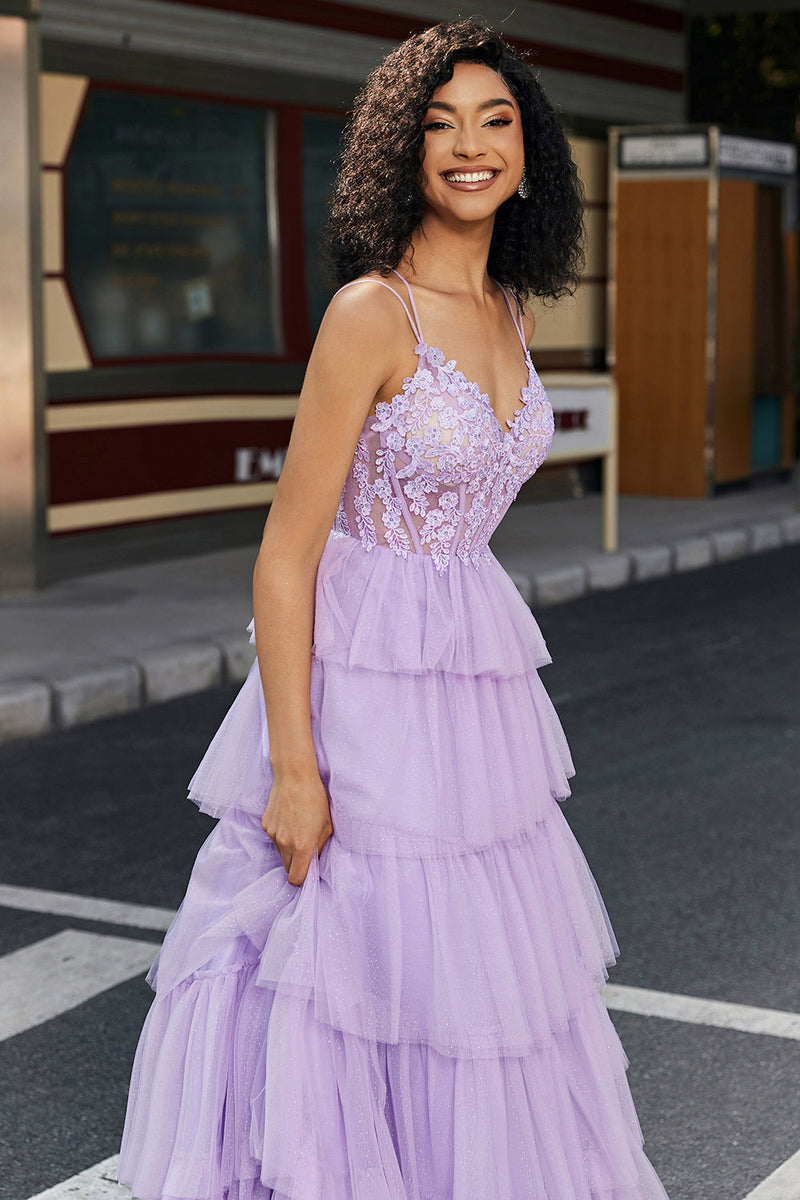 Load image into Gallery viewer, Purple Princess A Line Tiered Corset Prom Dress with Accessory