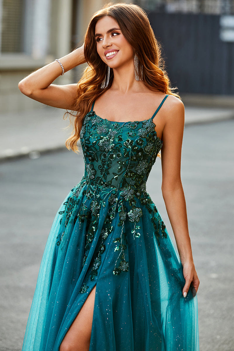 Load image into Gallery viewer, Gorgeous A Line Dark Green Appliques Long Prom Dress with Accessory