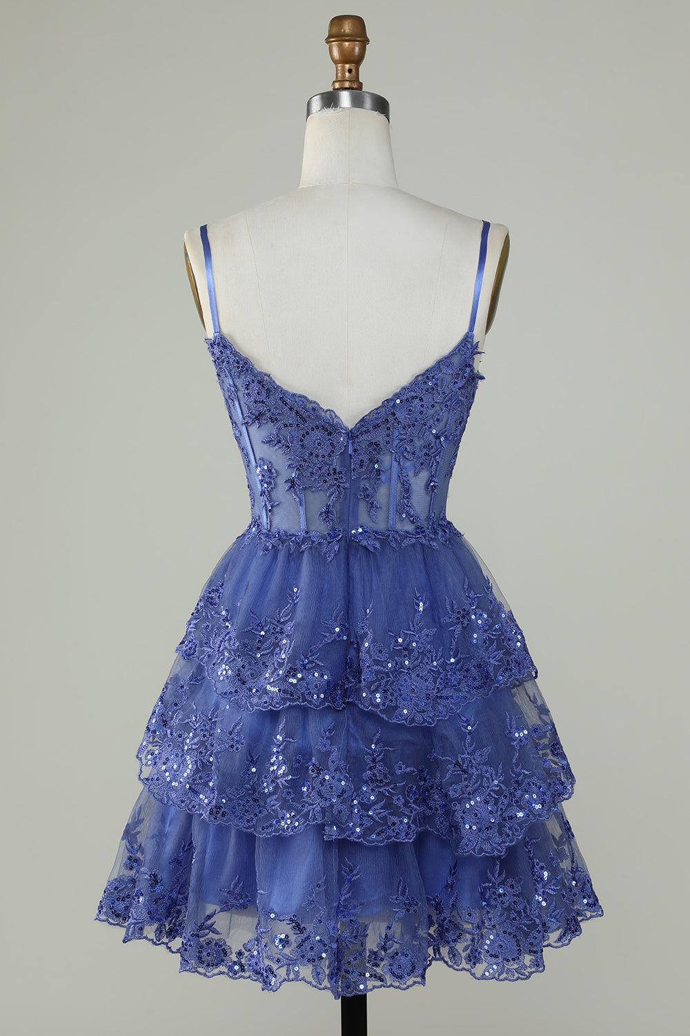 Cute A Line Spaghetti Straps Dark Blue Sparkly Corset Graduation Dress