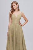 Golden Ruched A-Line Long Prom Dress