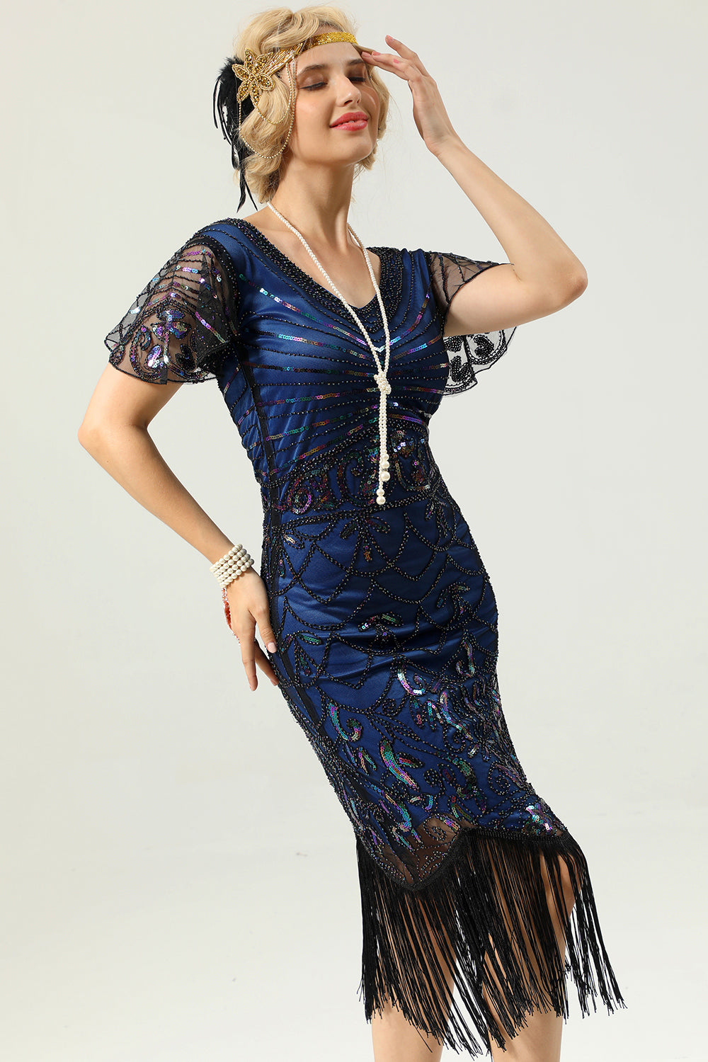 Navy Blue V Neck Sequin Fringe Flapper 1920s Dress