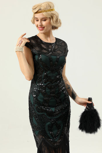 Black and Green Sequins 1920s Dress with Fringes