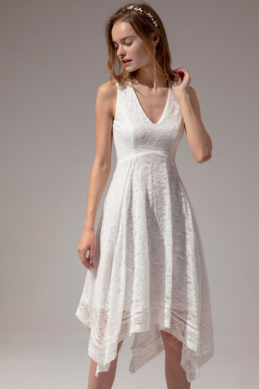 Asymmetrical White V-neck Lace Dress