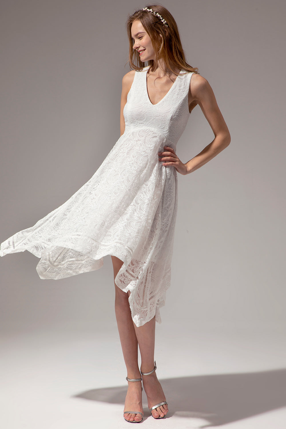 Asymmetrical White V-neck Lace Dress