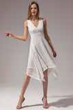 Asymmetrical White V-neck Lace Dress