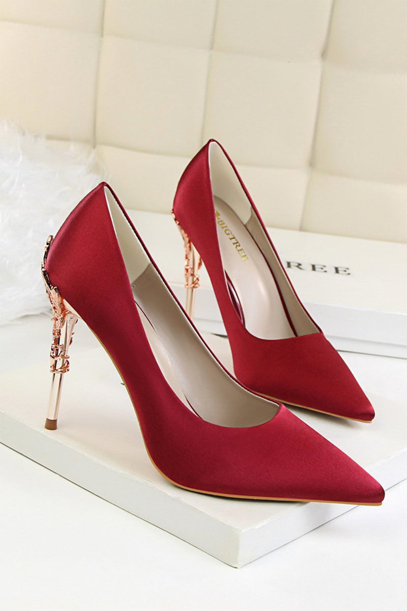 Zapaka Women High Heels Burgundy Shallow Metal Stiletto Heels