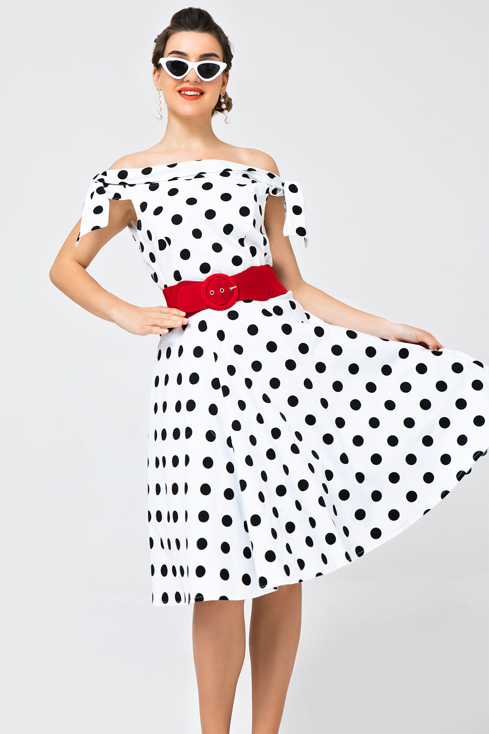 White Off-shoulder Dress with Black Polka Dots