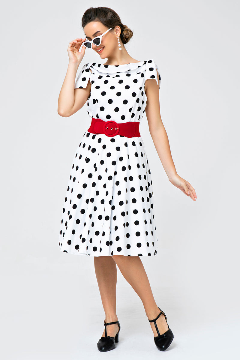 Load image into Gallery viewer, White Off-shoulder Dress with Black Polka Dots
