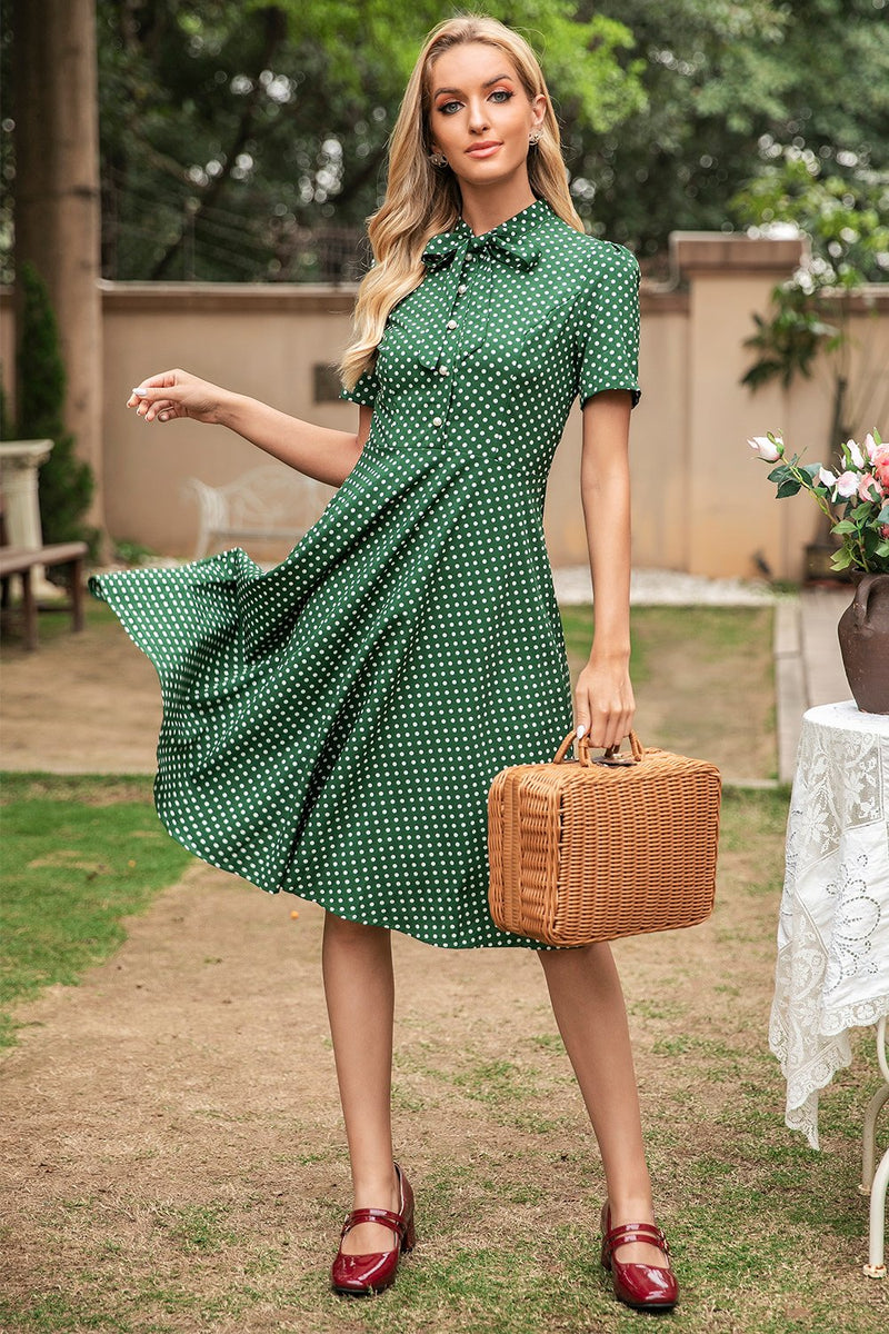 Zapaka Women Green Polka Dots Vintage Dress Short Sleeves Midi