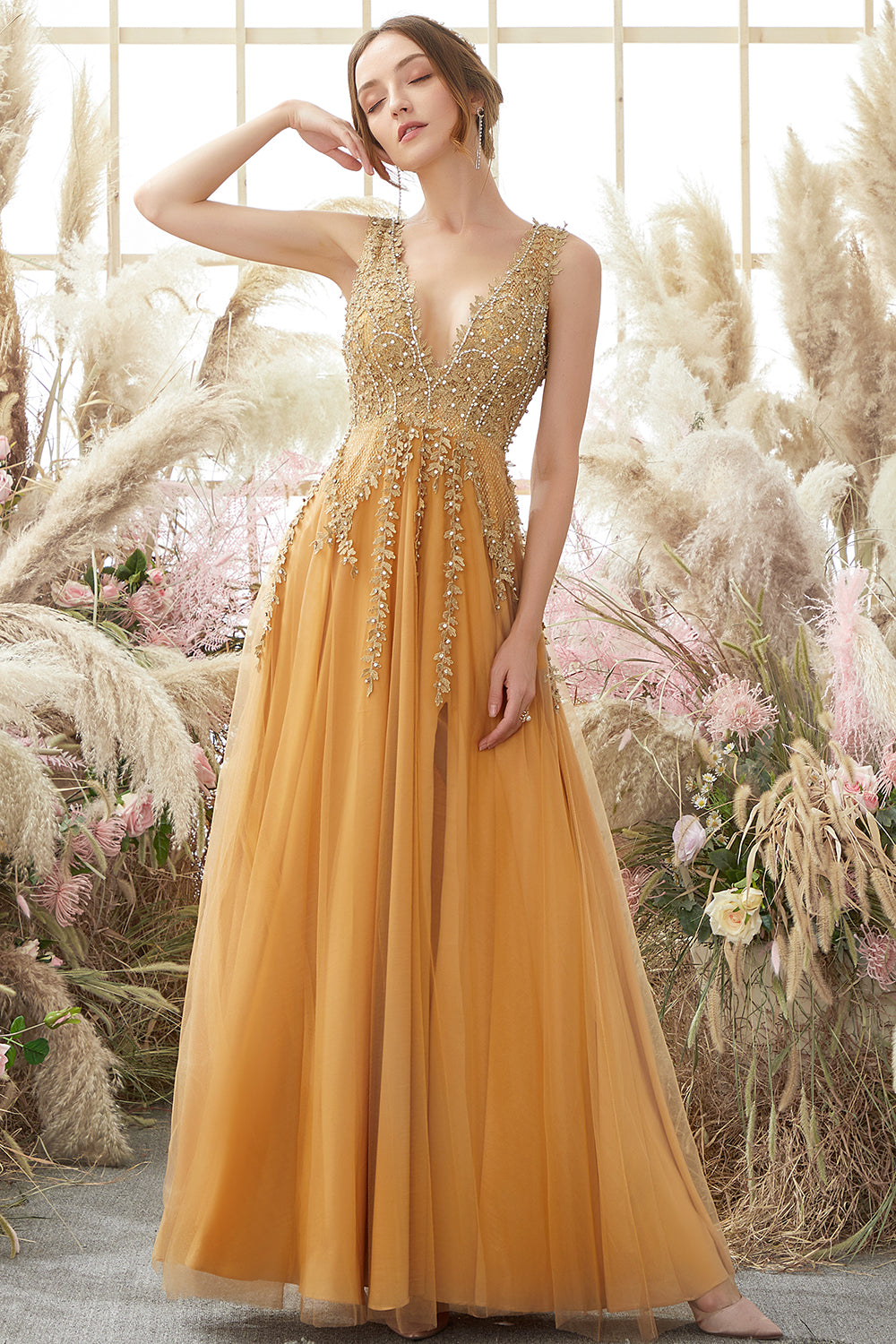 Deep V-neck Long Dress with Appliques