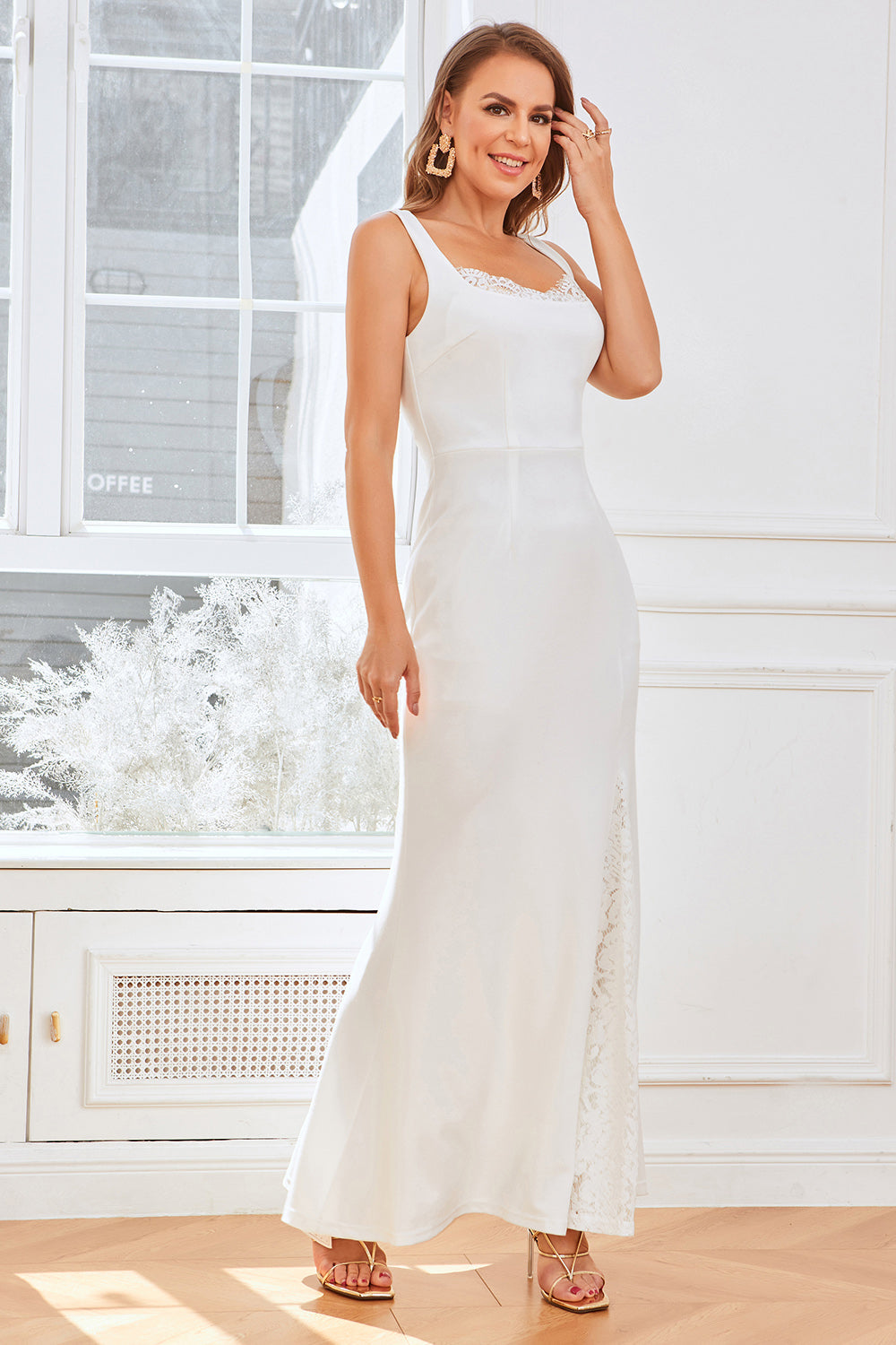 White Straps Mermaid Bridal Party Dress with Lace