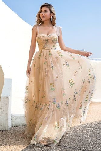 A Line Spaghetti Straps Champagne Prom Dress with Embroidery
