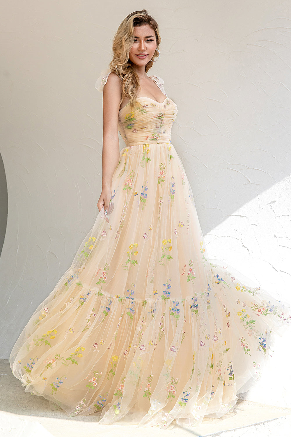 A Line Spaghetti Straps Champagne Prom Dress with Embroidery
