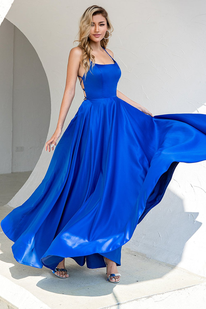 ZAPAKA Women Prom Dress Royal Blue Backless Satin Spaghetti Straps Formal  Dress with Slit – Zapaka CA