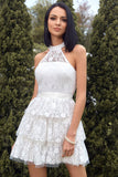 A Line Halter White Lace Graduation Dress