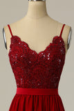 Burgundy Long Prom Dress with Beading Lace