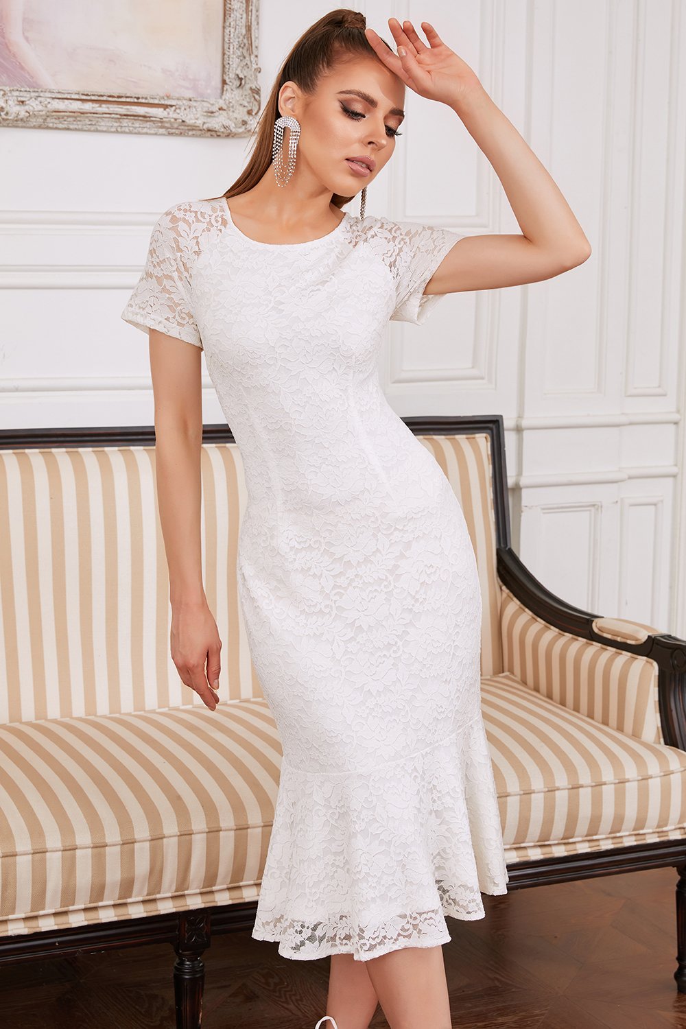 Sheath Jewel White Lace Party Dress