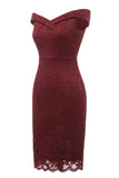 Sheath Off the Shoulder Burgundy Lace Dress