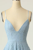 Spaghetti Straps Lace Blue Graduation Dress