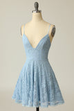 Spaghetti Straps Lace Blue Graduation Dress
