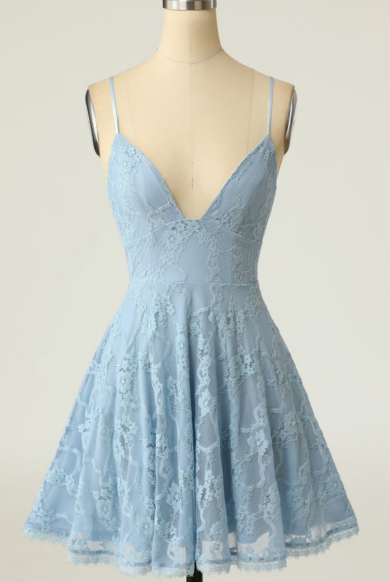 Spaghetti Straps Lace Blue Graduation Dress