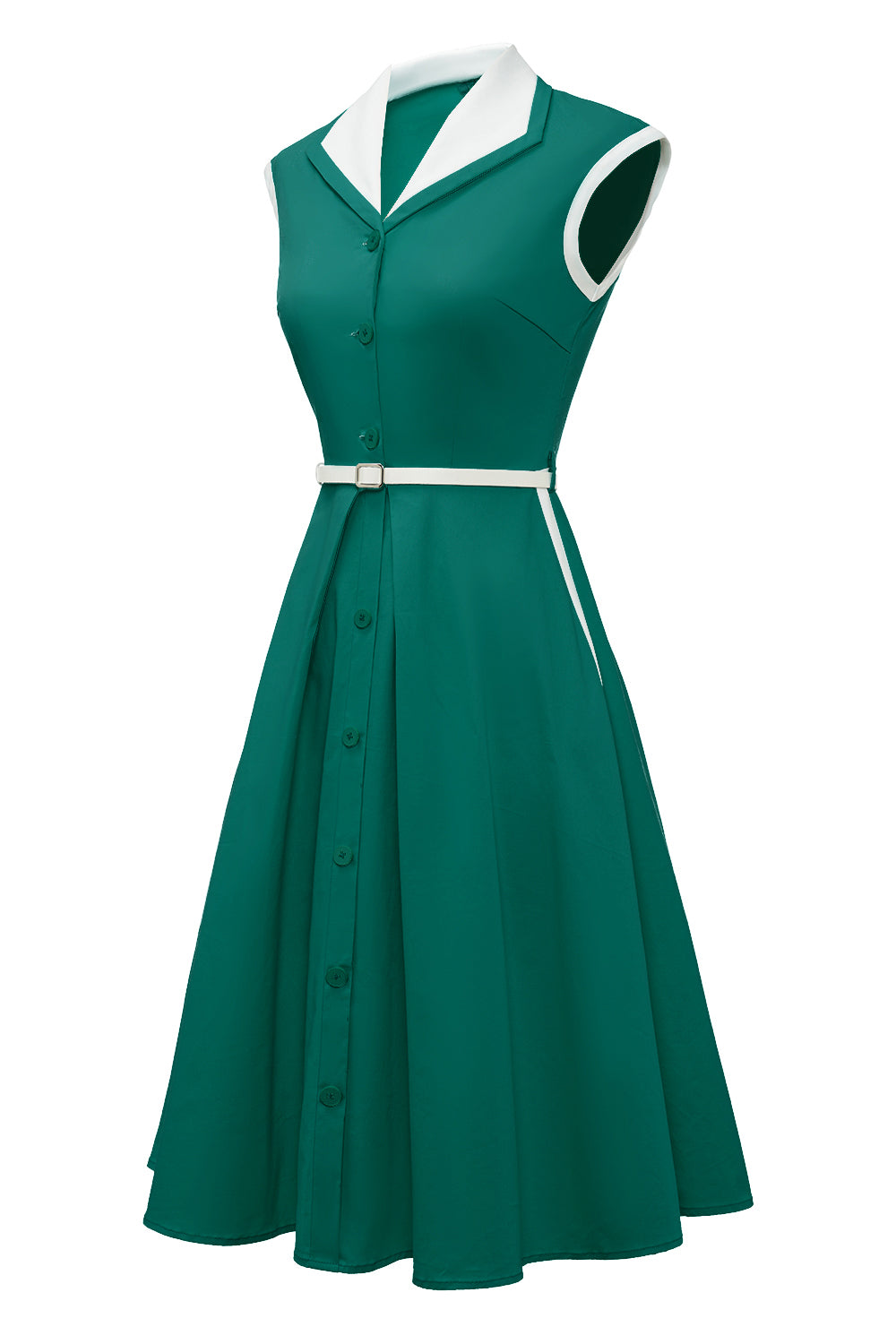 Lapel Neck Green Swing 1950s Dress with Belt