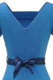 Blue 1960s Bodycon Dress wth Bowknot