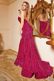 Mermaid One Shoulder Fuchsia Sequins Plus Size Prom Dress with Sweep Train