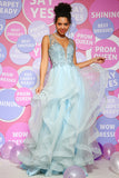 A Line Deep V Neck Light Blue Long Prom Dress with Appliques