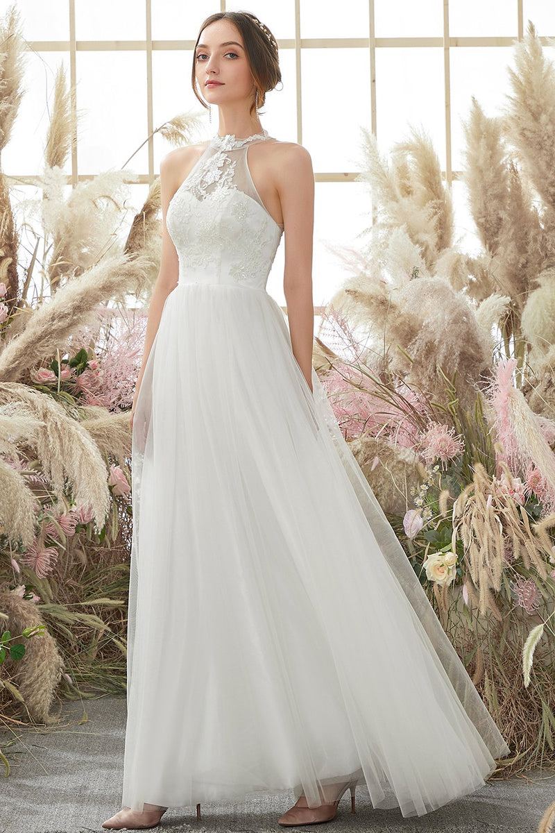 ZAPAKA White Halter Neck Sleeveless Floor Length Wedding Dress