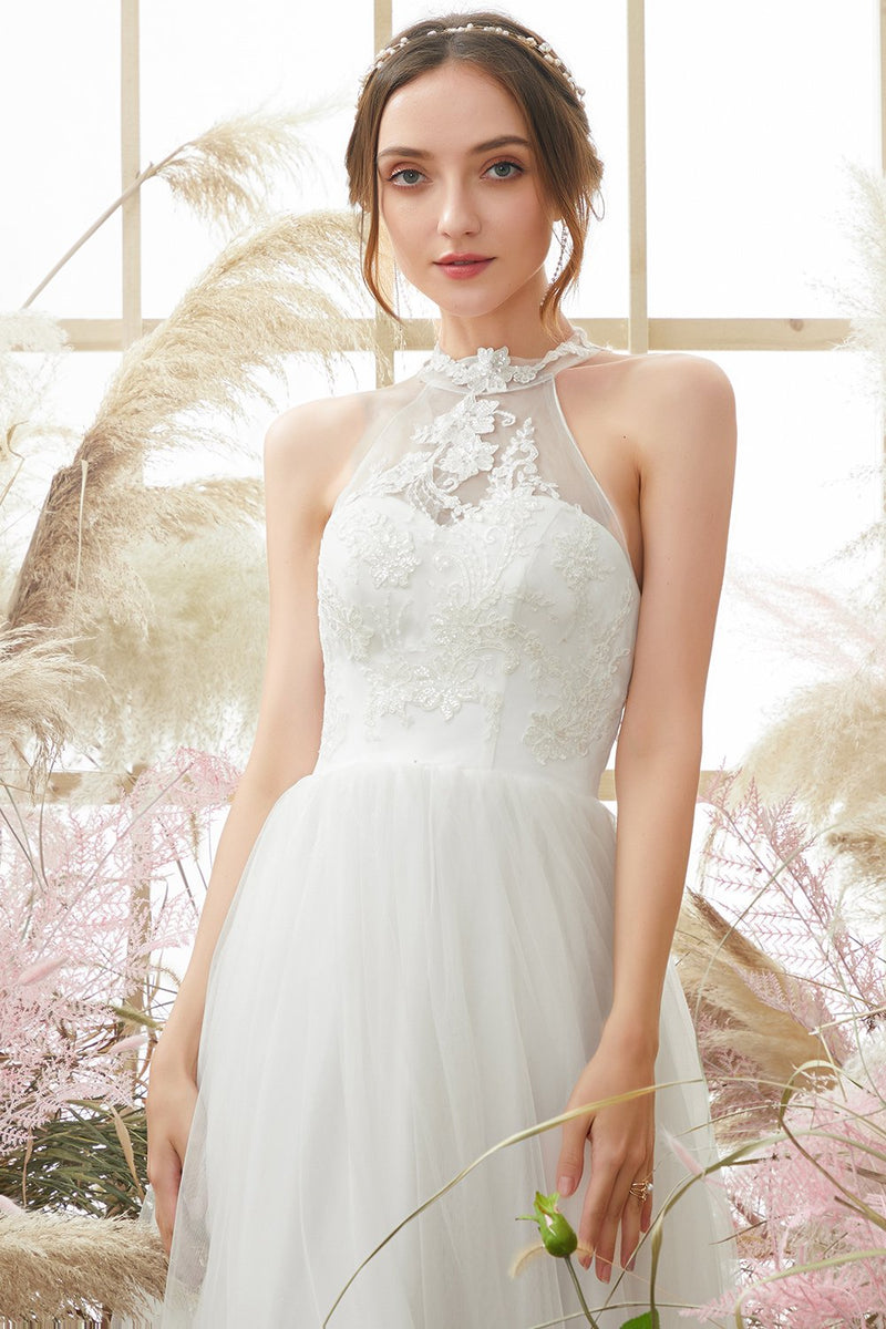ZAPAKA White Halter Neck Sleeveless Floor Length Wedding Dress – Zapaka CA