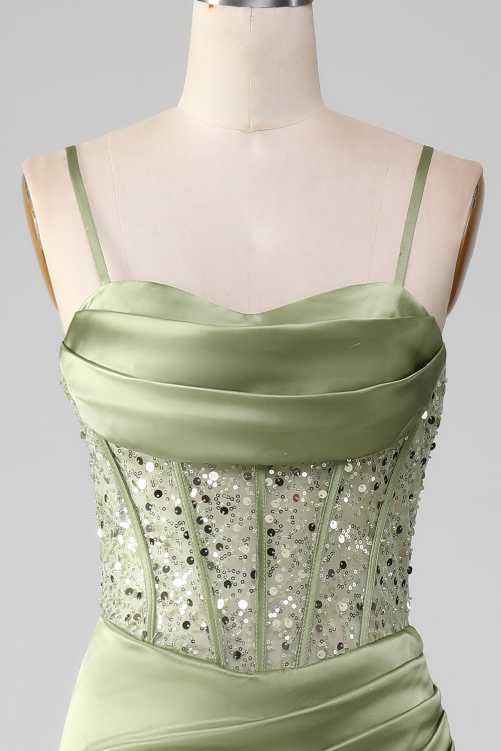 Sage Green Spaghetti Straps Satin Pleated Mermaid Corset Prom Dress