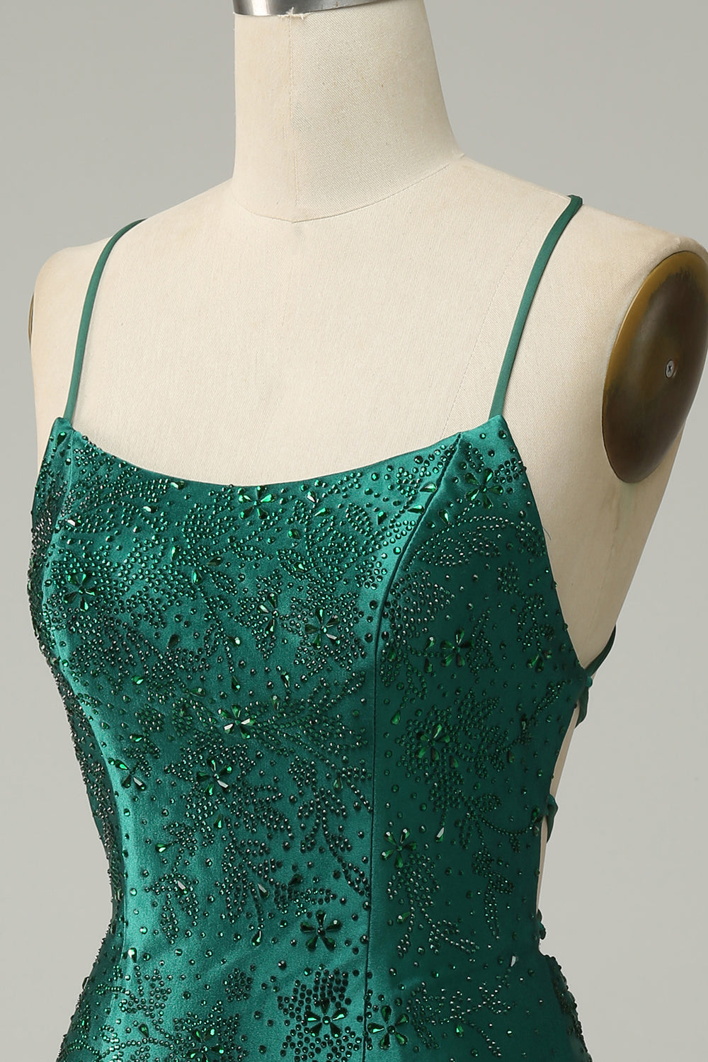 Dark Green Beaded Bodycon Prom Dress With Criss Cross Back