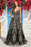 A Line Spaghetti Straps Black Golden Long Prom Dress with Bronzing