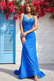 Mermaid Spaghetti Straps Blue Long Prom Dress with Open Back