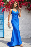 Mermaid Spaghetti Straps Blue Long Prom Dress with Open Back