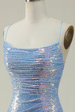 Blue Sequined Spaghetti Straps Mermaid Prom Dress