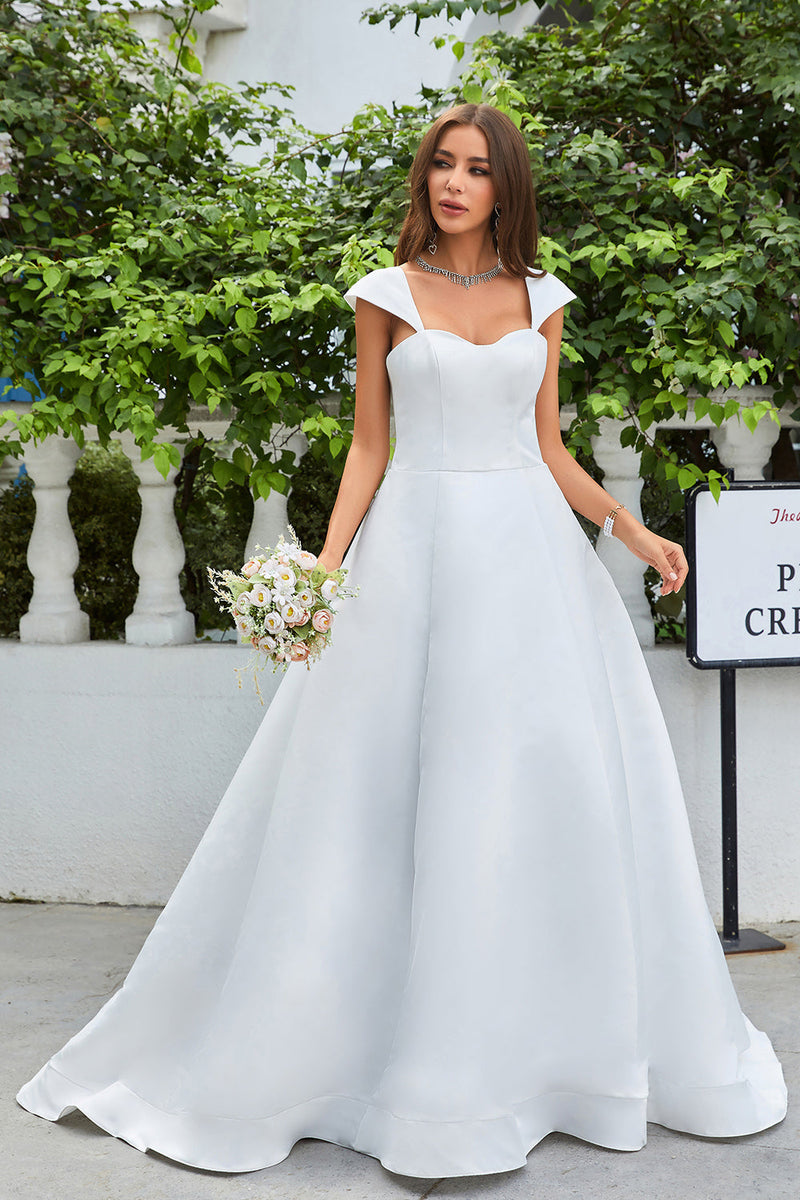 Zapaka Women Simple Ivory Satin A-Line Wedding Dress Sweetheart Cap Sleeves  Sweep Train Bridal Dress – Zapaka CA