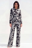 Green Flower 2 Piece Round Neck Single Breasted Jacquard Women Suits