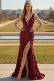 Sparkly Navy Mermaid V Neck Open Back Sequin Long Prom Dress with Slit