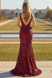 Sparkly Navy Mermaid V Neck Open Back Sequin Long Prom Dress with Slit