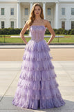 Blush Strapless Tiered Ruffle A Line Sequins Corset Long Prom Dress with Slit