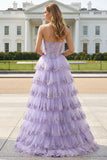Lilac Strapless A Line Sequins Corset Tiered Ruffle Long Prom Dress with Slit