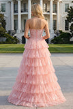 Blush Strapless Tiered Ruffle A Line Sequins Corset Long Prom Dress with Slit